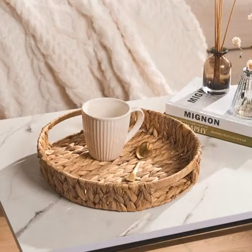 OHS Round Seagrass Wicker Serving Tray with Handles in Beige and Sand, Diameter: 32 cm, Height: 6 cm – 2