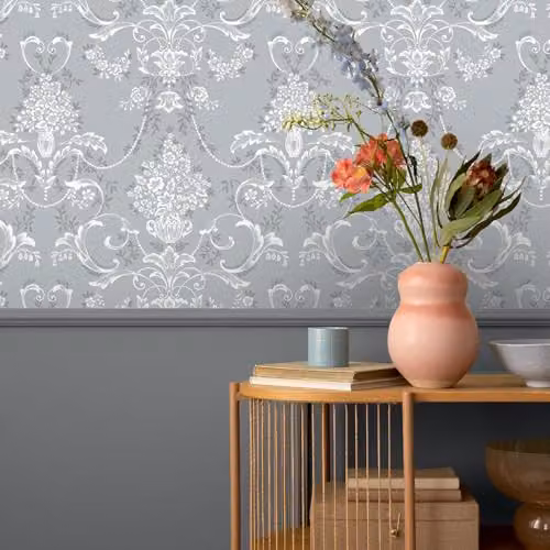 Rasch Amelie Damask Vintage Style Floral Wallpaper in Slate Blue and White – 2