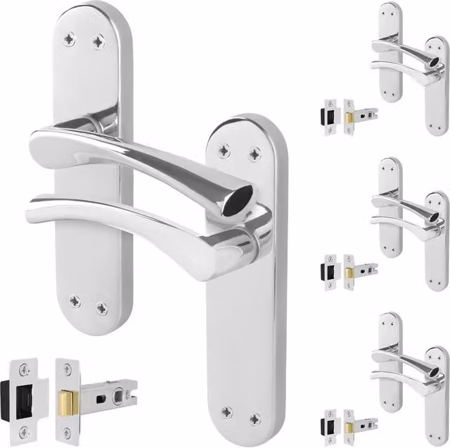 AFIT Chrome Twist Door Handle Latch Set with Novi Backplate, Metallic Silver, 4 Pairs, W/D/H: 150 x 150 x 17.5 mm