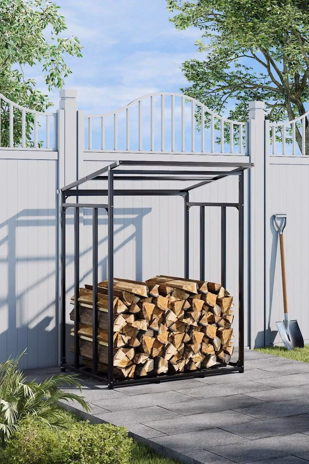 Garden Sanctuary Black Metal Outdoor Firewood Storage Rack with Roof, W: 109.7 cm, D: 70.1 cm – 1