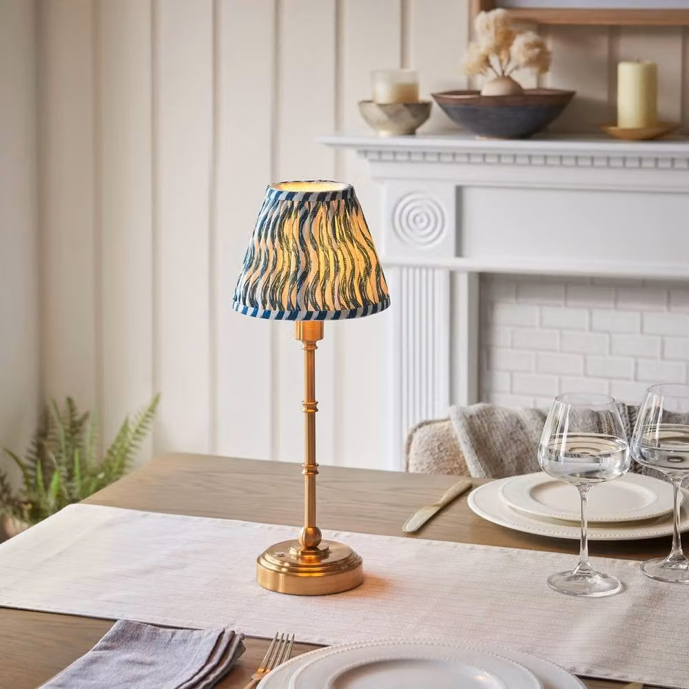 Netlighting Burley Rechargeable LED Table Lamp with Blue Fabric Ripple Shade and Gold Brass Base – 2