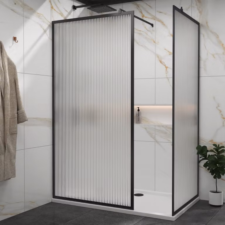 Royal Bathrooms Luxor Walk In Fluted Shower Enclosure with Stone Tray and Matt Black Frame, 8mm Easy Clean Glass, W: 195 cm