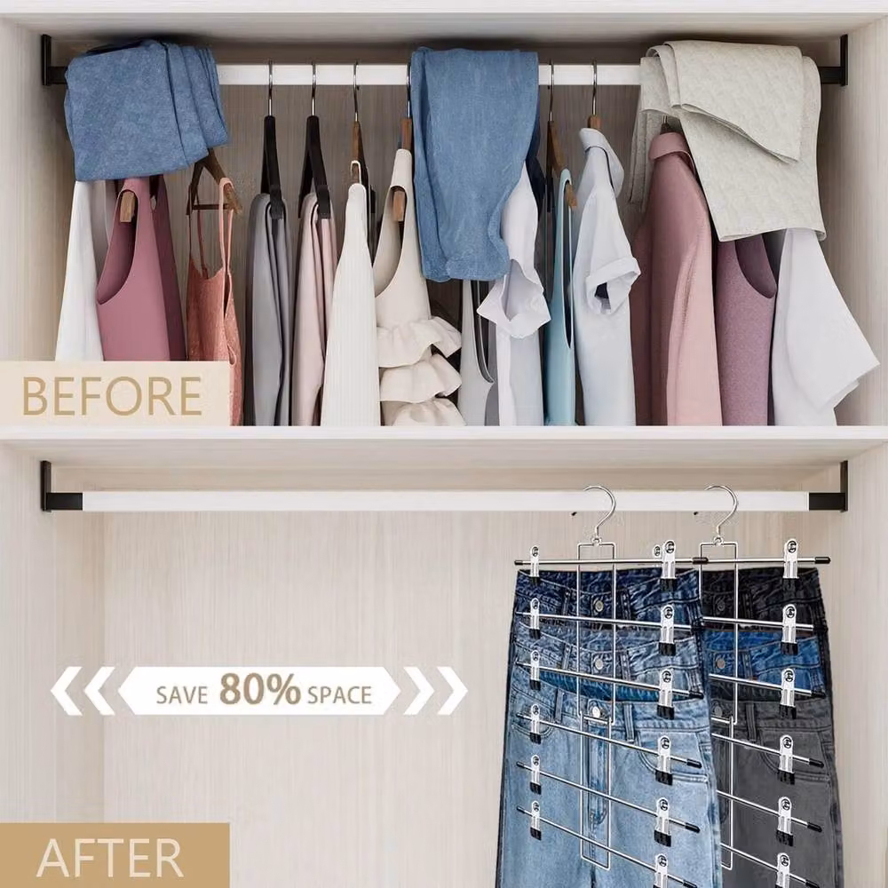 EONLION 6 Pack Space Saving Silver Metal Trouser and Skirt Hangers with Non-Slip Clips and Bar – 3