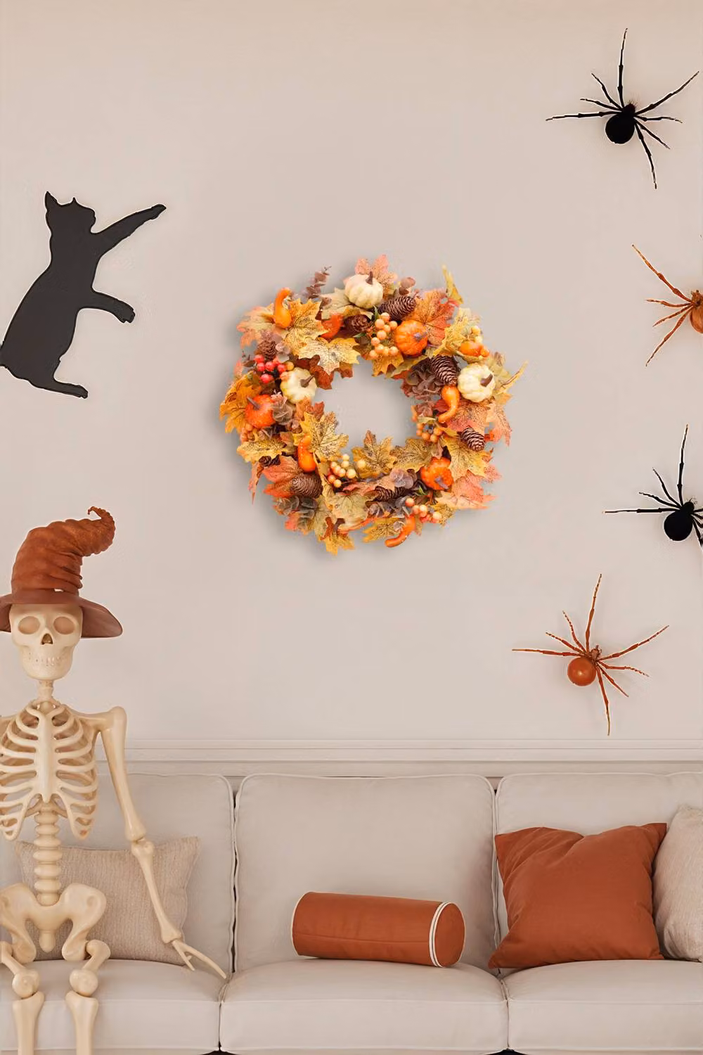 H&O Direct Orange Artificial Hanging Wreath for Halloween and Autumn Decor, Diameter: 50 cm – 3