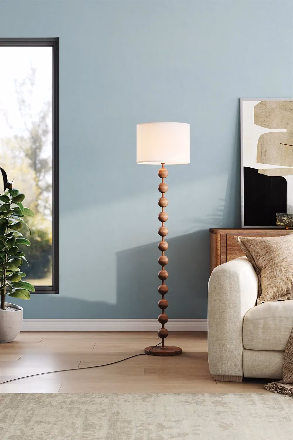 H&O Direct Mid-century E27 Fabric Lampshade Floor Lamp with Foot Switch in Walnut and Brown – 2