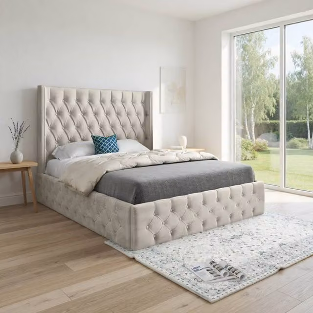 KDMD Verwood Winged Upholstered Designer Bed Frame in Beige Soft Velvet, Super King, 200 x 200 cm – 1