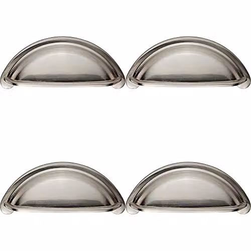 Loops 4 Pack Shell Cabinet Cup Pull Handles in Brushed Silver, W: 9.4 cm, H: 4.15 cm, Fixing Centres: 7.6 cm