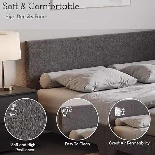 Vida Designs Victoria Double Bed Frame in Grey Fabric with Cushion Headboard, H 77 x W 142 x D 197 cm – 4