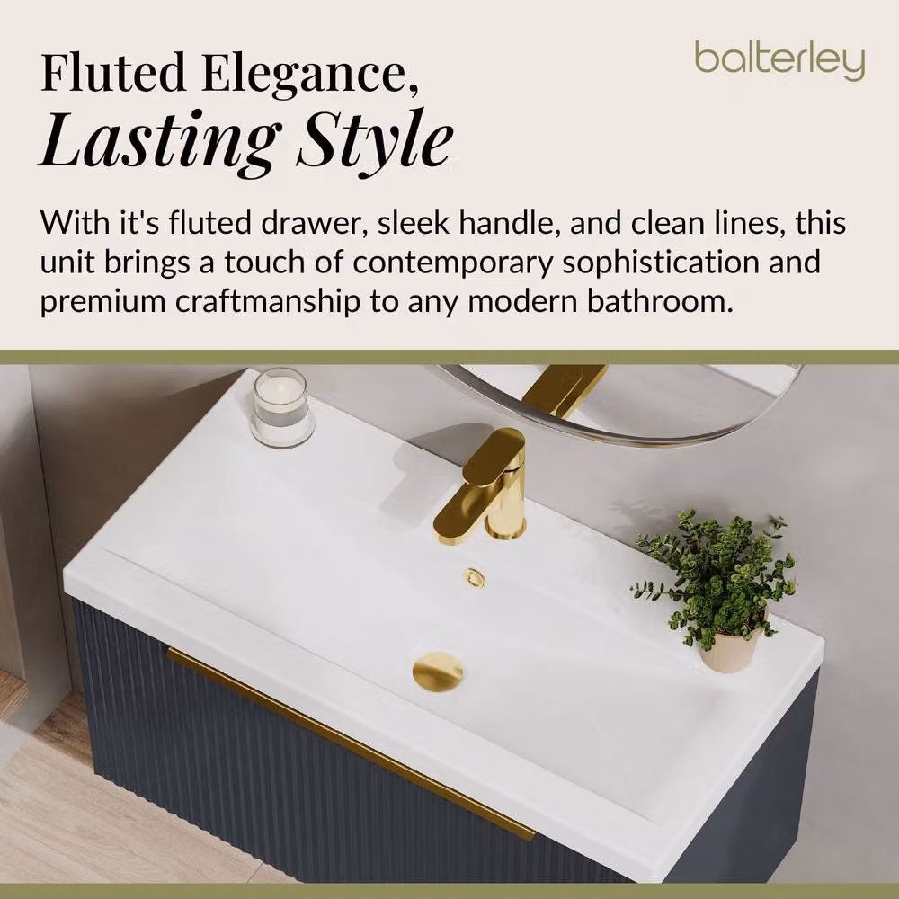 Balterley Fluted Front Wall Hung 1 Drawer Vanity Basin Unit, Dark Grey, Width: 80 cm – 3