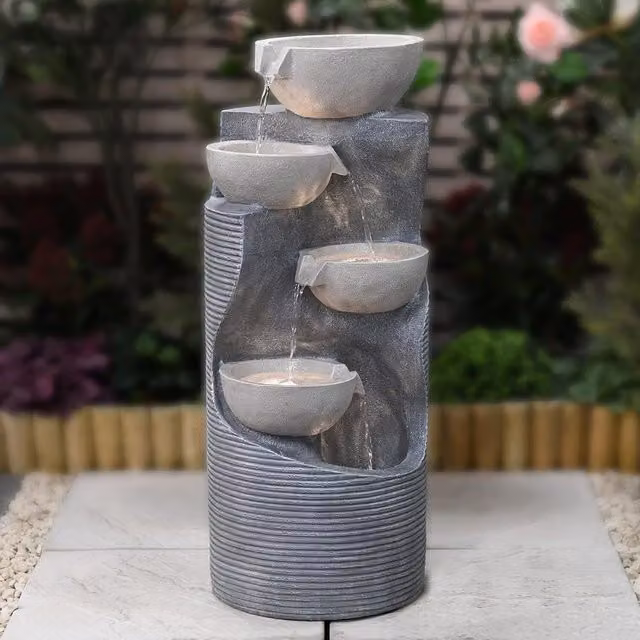 Serenity Modern Four Bowl Cascading Tabletop Water Feature with LED Light in Grey