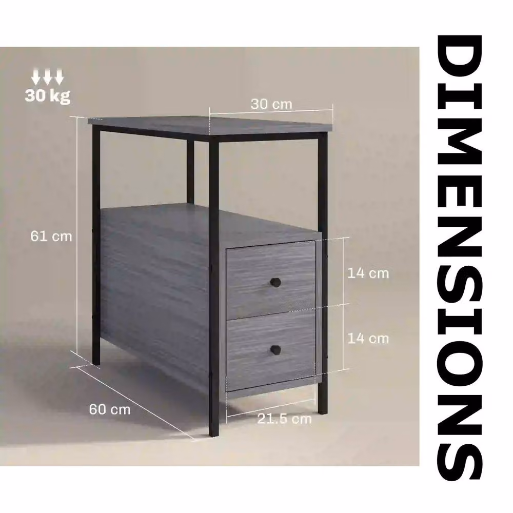 Pirlo Plush Industrial Bedside Table with 2 Drawers and Shelf, Grey and Black, W: 60 cm, D: 30 cm, H: 61 cm – 7
