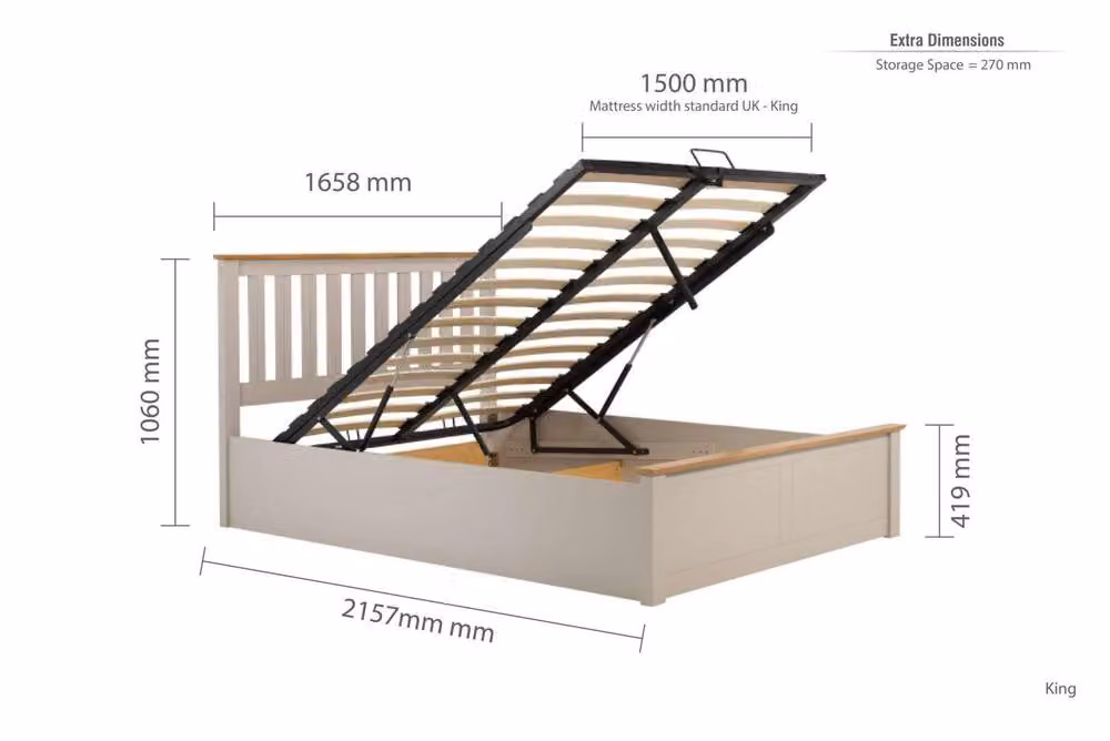 Birlea King Size Ottoman Bed with Solid Oak Wood Frame and Grey Upholstery, W/D/H: 180 x 200 cm – 2