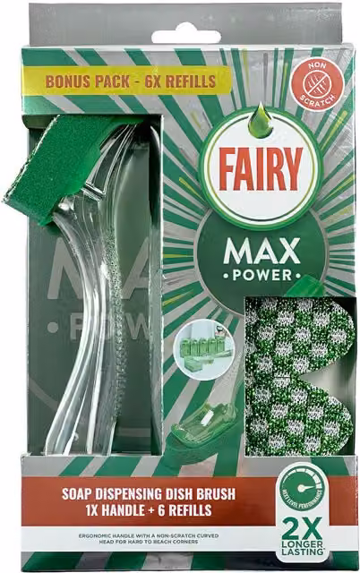Fairy Max Power Soap Dish Brush and Refill in Green and Transparent Plastic