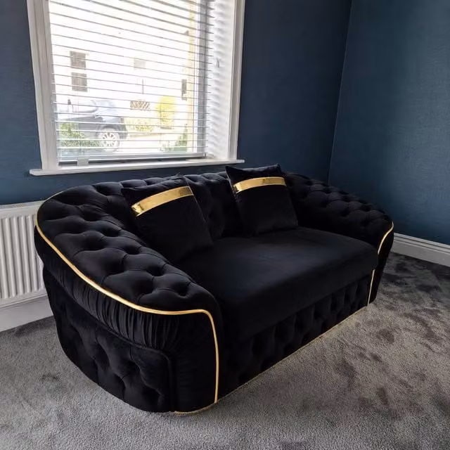 Stratus Interiors Ambassador Chesterfield 2 Seater Sofa in Black Plush Velvet with Gold Trim and Scatter Cushions