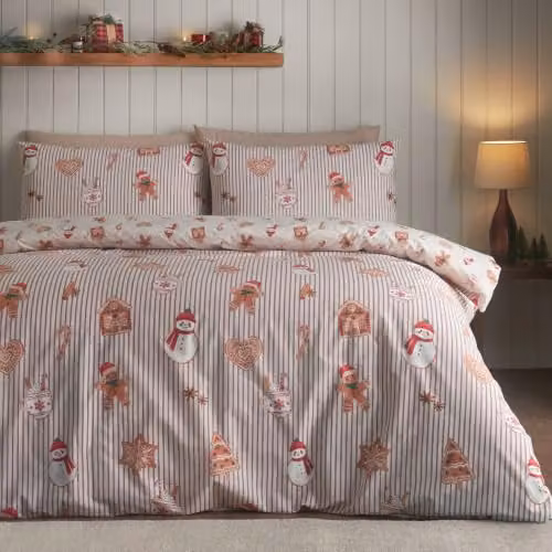 Catherine Lansfield Christmas Gingerbread Stripe Reversible Duvet Cover and Pillowcase Set in Natural, W/D/H: 200 x 200 cm