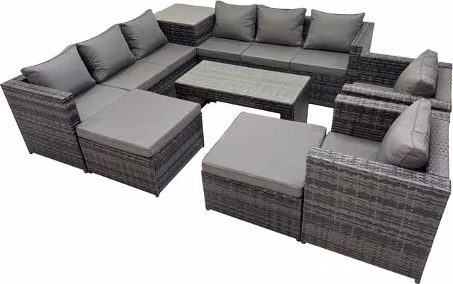 Fimous 10 Seater Dark Grey Rattan Garden Furniture Set with L-Shape Sofa, Coffee Table, Ottoman and Stools
