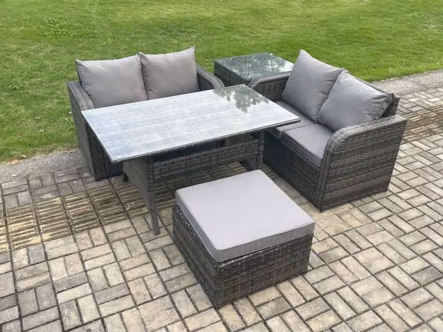Fimous Dark Grey Wicker Rattan Garden Patio Furniture Set with Oblong Rectangular Dining Table, Loveseat Sofa, Side Table and Footstool