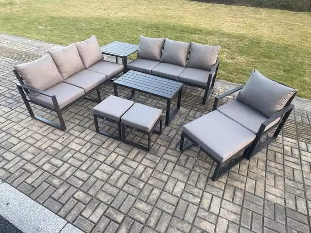 Fimous 10 Seater Grey Aluminium Garden Furniture Set with Weather Resistant Cushions, Armchairs, Ottomans and Coffee Table