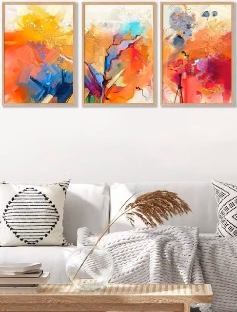 ARTZE Set of 3 Abstract Fractal Mixed Media Wall Art with Oak Frames in Orange, Pink and Red, W: 45 cm, H: 62 cm, D: 2 cm