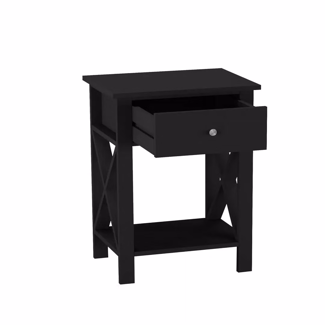 EONLION X-Frame Nightstand with Drawer and Shelf, Black Wooden Bedside End Table – 3