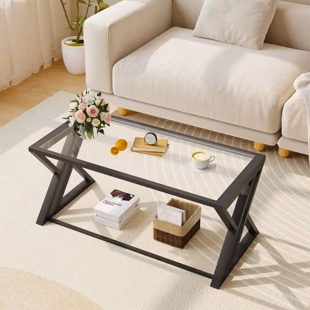 Huhote Modern Geometric Glass Coffee Table with Metal X-Frame in Transparent Clear – 1