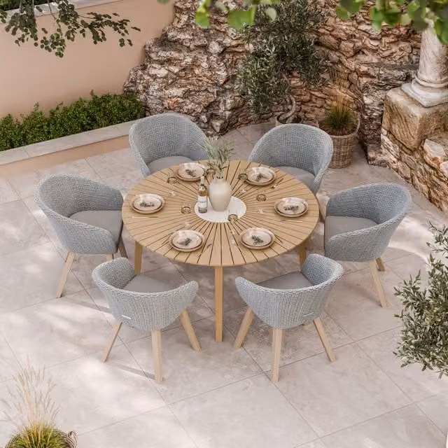 Royalcraft Roma 7 Piece Round Sunray Dining Set with 6 Sol Rattan Chairs in Natural Acacia Wood and Black Granite Insert, Diameter: 150 cm