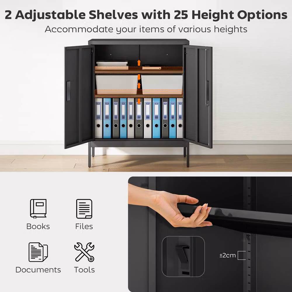 HOMCOM Black Metal Storage Cabinet with Lock and Adjustable Shelves for Home Office, Garage or Kitchen – 4