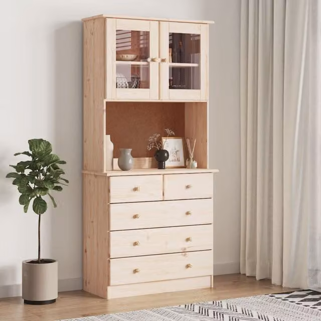 Berkfield Home ALTA Highboard in Brown Solid Wood Pine with Glass Doors, W/D/H: 77 x 35 x 165 cm