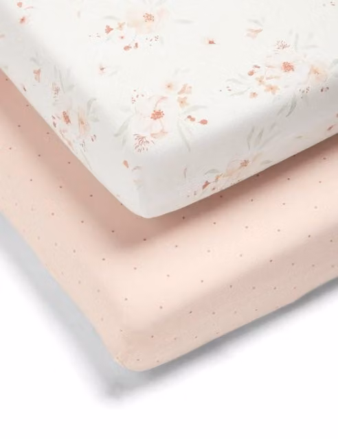Mamas & Papas 2 Pack Floral Cotton Cotbed Fitted Sheets in Pink