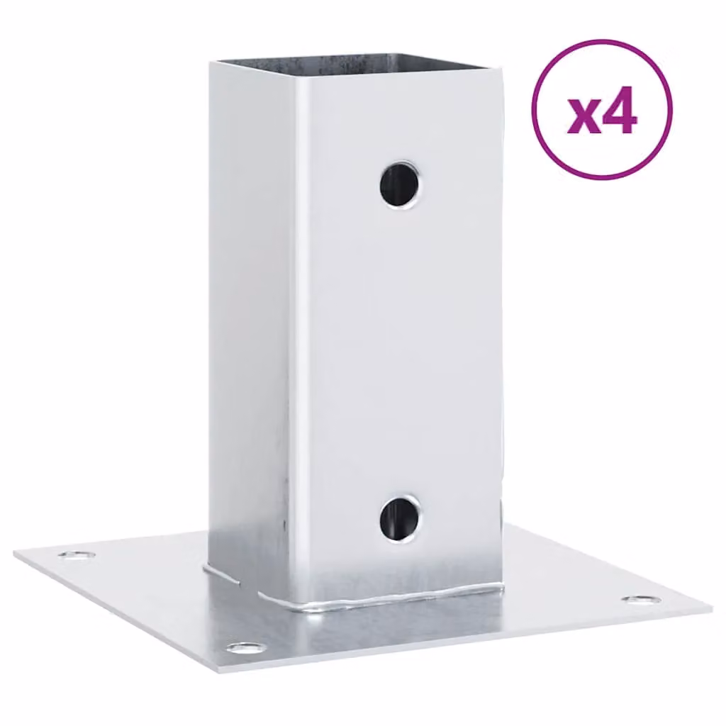 Berkfield Home Square Galvanised Steel Post Bases, Silver, 4 Pack, W/D/H: 6.1 x 6.1 x 15.0 cm