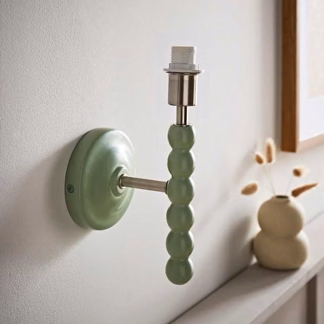 ValueLights Bobbins Pastel Wall Light Base in Green with Wood Detail and E14 Fitting