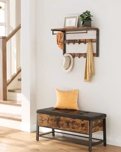 VASAGLE Industrial Wall-Mounted Coat Rack Shelf with 10 Removable Hooks and Clothes Rail in Brown – 1
