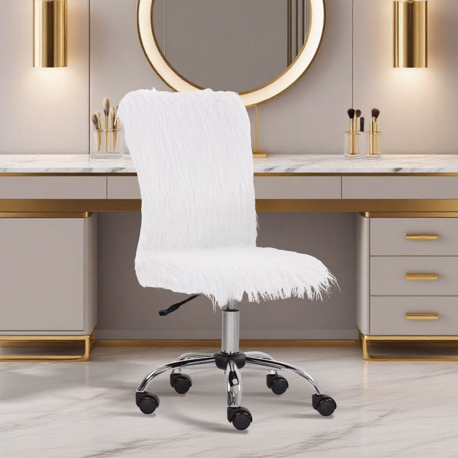 HOMCOM Modern White Plush Armless Swivel Task Chair with Adjustable Height and Castors – 2