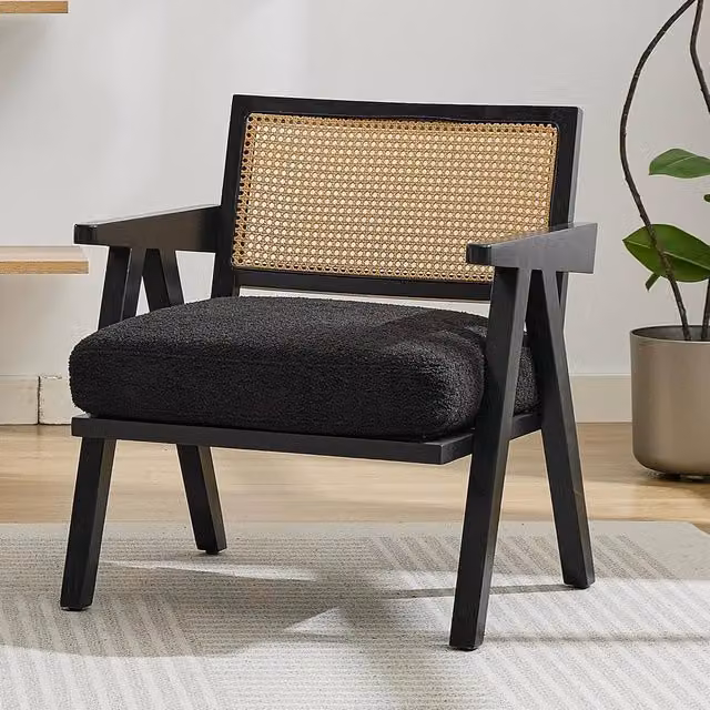 London Boutique Black Rattan Accent Armchair with Teddy Bouclé Fabric Upholstery and Solid Wood Frame