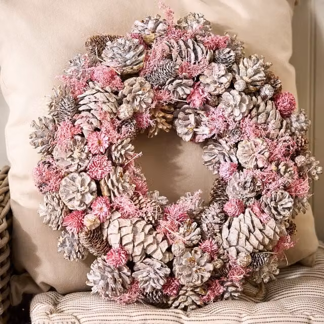 Dibor Pink and Silver Pinecone Christmas and Spring Hanging Wreath, Diameter: 38 cm
