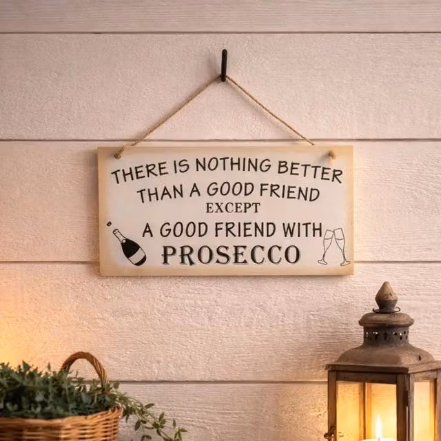 Marco Paul Good Friend With Prosecco Hanging Wooden Plaque in White and Brown – 4