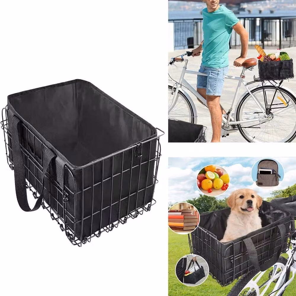 VOGREX Heavy Duty Collapsible Bike Basket with Waterproof Liner in Black, Large – 2