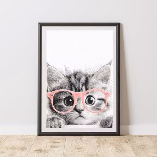 60 Second Makeover Kitten Pink Glasses Print Paper Poster Wall Art, Pink and Black, A4