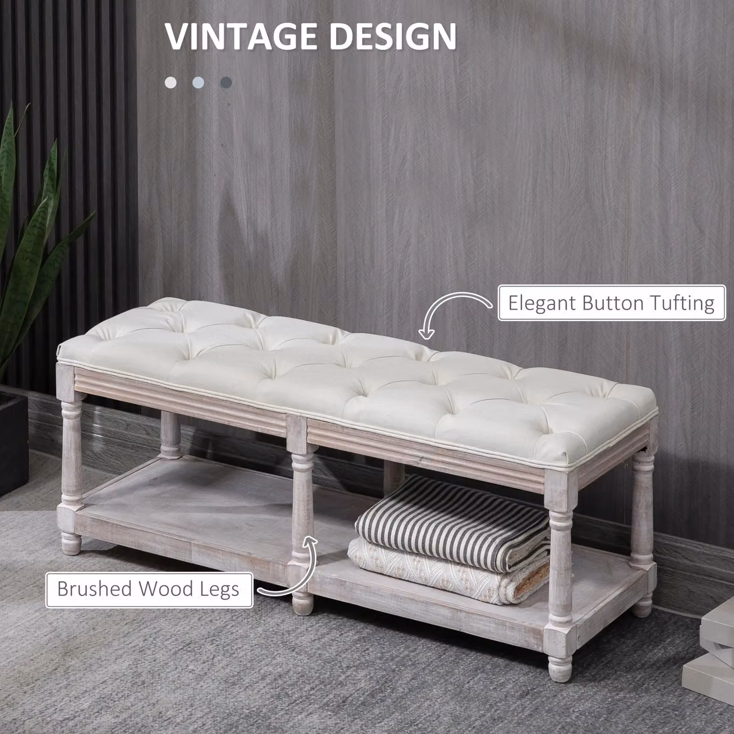 HOMCOM 2 Tier Fabric Shoe Rack Bench with Tufted Seat in Beige and White – 4