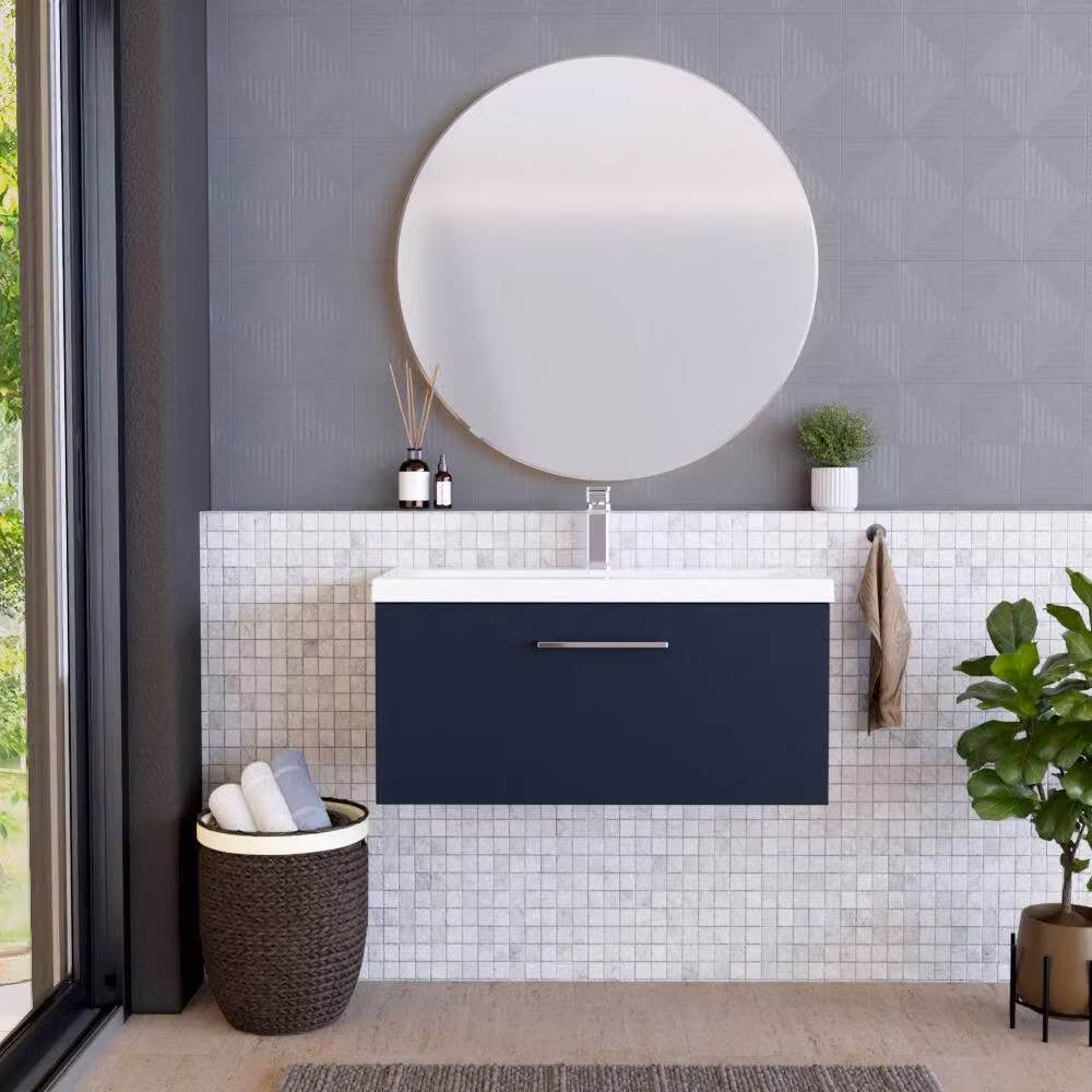 Balterley Contemporary Wall Hung Bathroom Vanity Unit with Mid-Edge Ceramic Basin and Soft-Close Drawer, Midnight Blue, W: 80.0 cm, D: 39.0 cm, H: 39.9 cm – 2