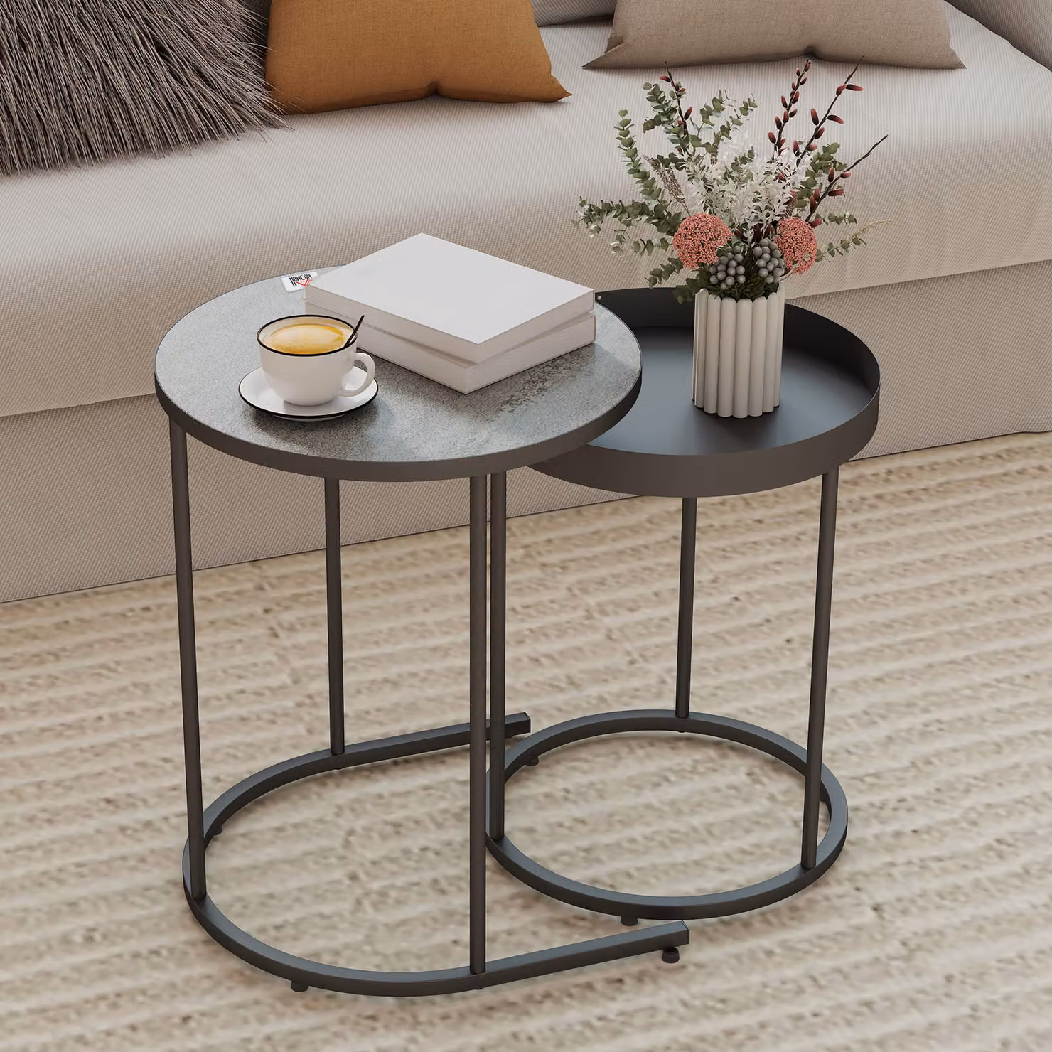 HOMCOM Set of 2 Round Nesting Side Tables in Grey with Industrial Metal Sled Base – 2