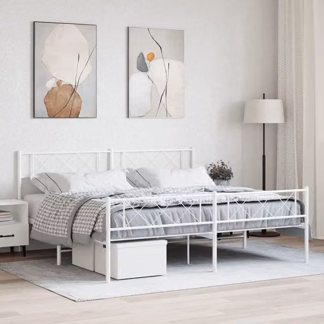 Berkfield Home Metal Bed Frame with Headboard and Footboard in White W: 183 cm, L: 213 cm