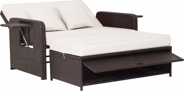 COSTWAY Outdoor Rattan Daybed Set in White and Brown with Adjustable Headrest, Side Tray and Armrests