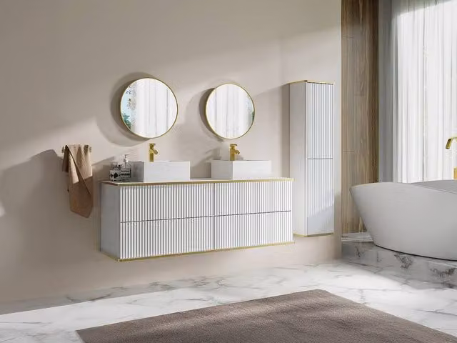 Vente-unique Striped Wall-Hung Bathroom Vanity Unit with Double Square Countertop in White and Gold, W: 150 cm, D: 47 cm, H: 54 cm – 1