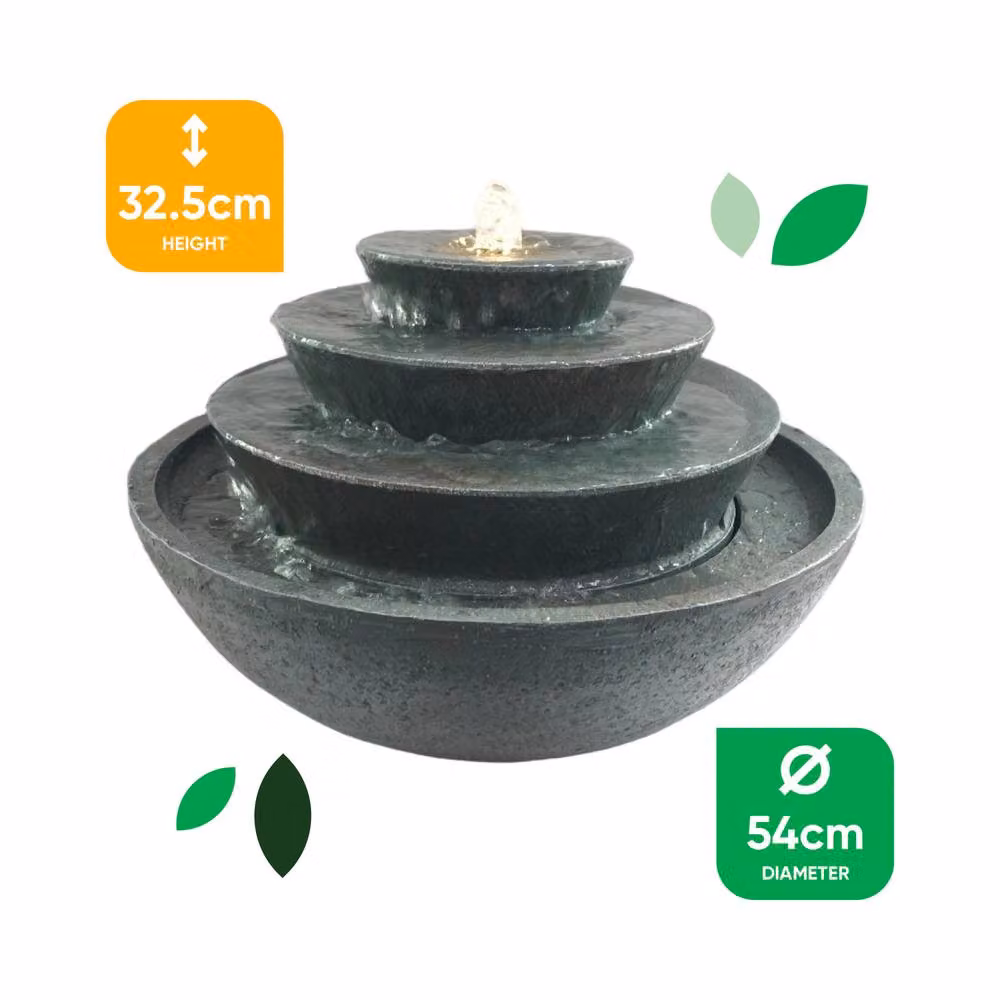 Gardenwize Solar Tiered Stacked Bowl Cascade Water Feature in Dark Grey with Warm White LED Lights and Battery Backup, H 54.0 cm x W 32.5 cm x D 54.0 cm – 2