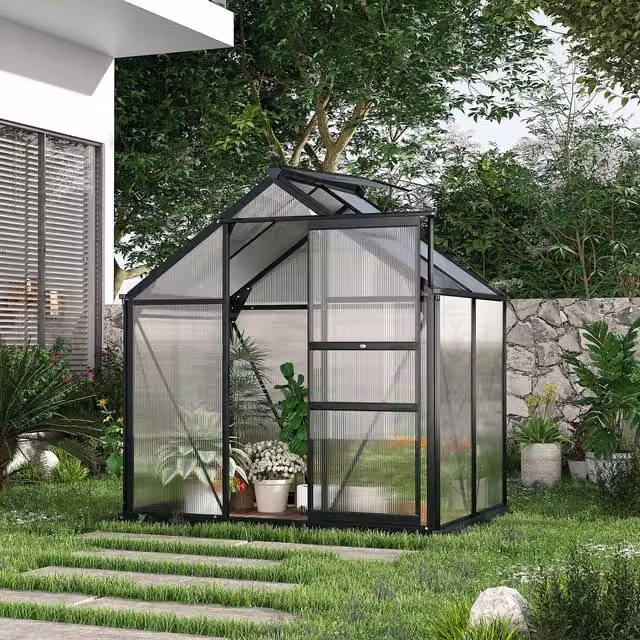 Outsunny Polycarbonate and Aluminium Walk-In Garden Greenhouse, Grey and Transparent, Height: 190 cm