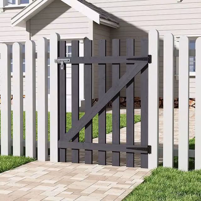 Livingandhome Grey Wooden Garden Fence Gate with Latch and Hinges, W: 90 cm, H: 120 cm