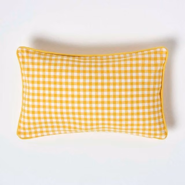 Homescapes Yellow Cotton Checked Rectangular Cushion Cover, W/D/H: 50 x 50 x 1 cm