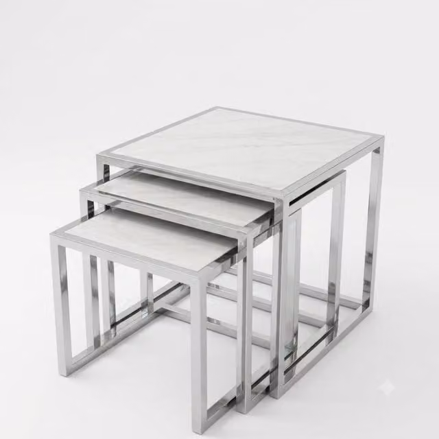 Home Luxe Interior Massa Silver Nest of 3 Modern Square Tables with White Marble Tops