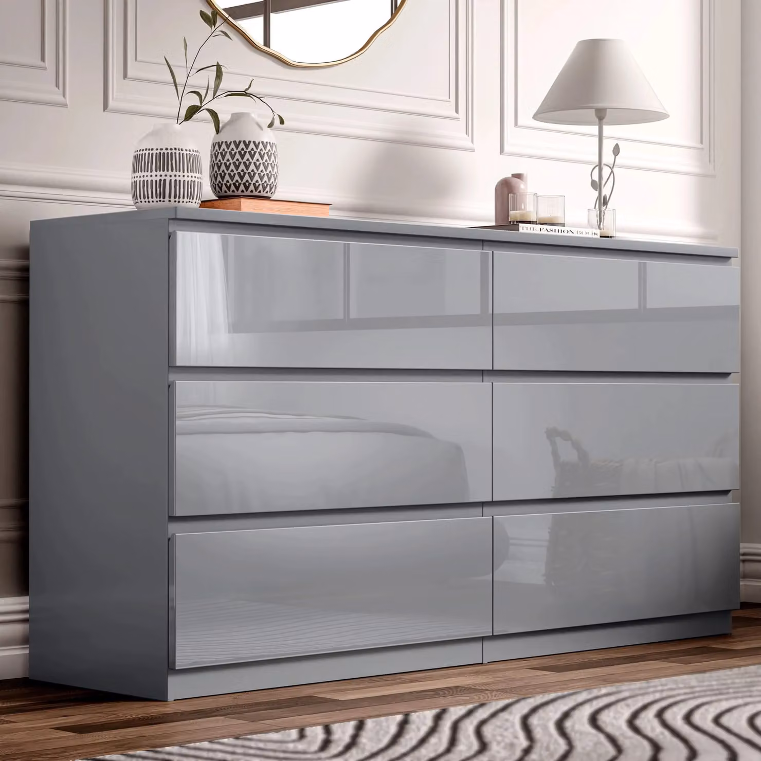 DHS High Gloss 6 Drawer Chest of Drawers in Grey, W: 120 cm, H: 77 cm, D: 40 cm